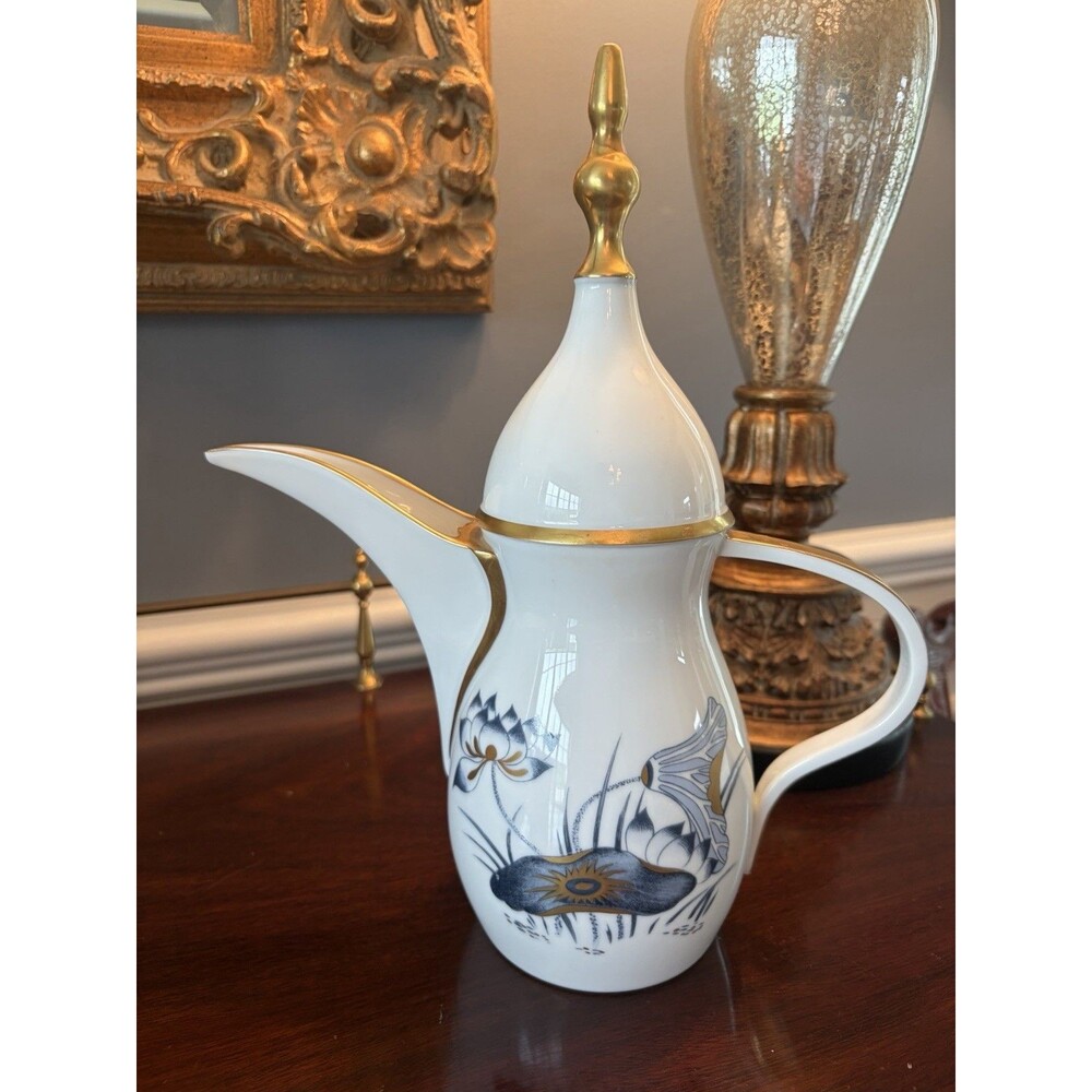 J.L. Couquet Limoges France Arabic Coffee Pot Blue White Gold